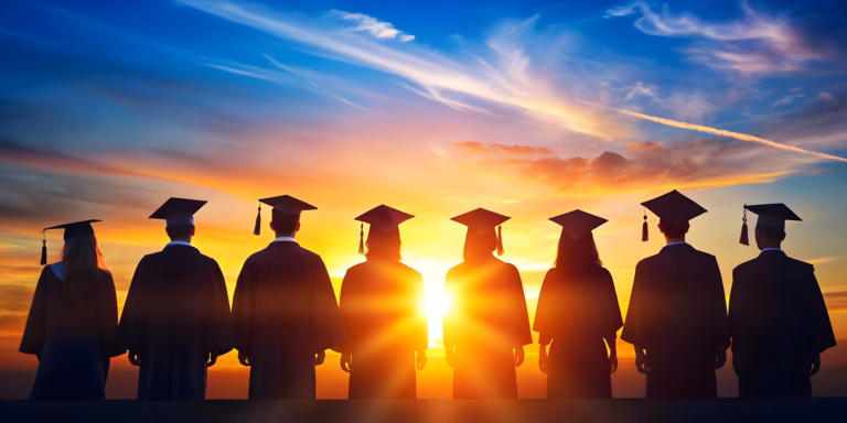 Group of graduates wearing caps and gowns watching a vibrant sunset together